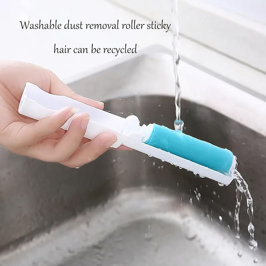 A hand demonstrates the reusable lint roller effectively cleaning fabric.