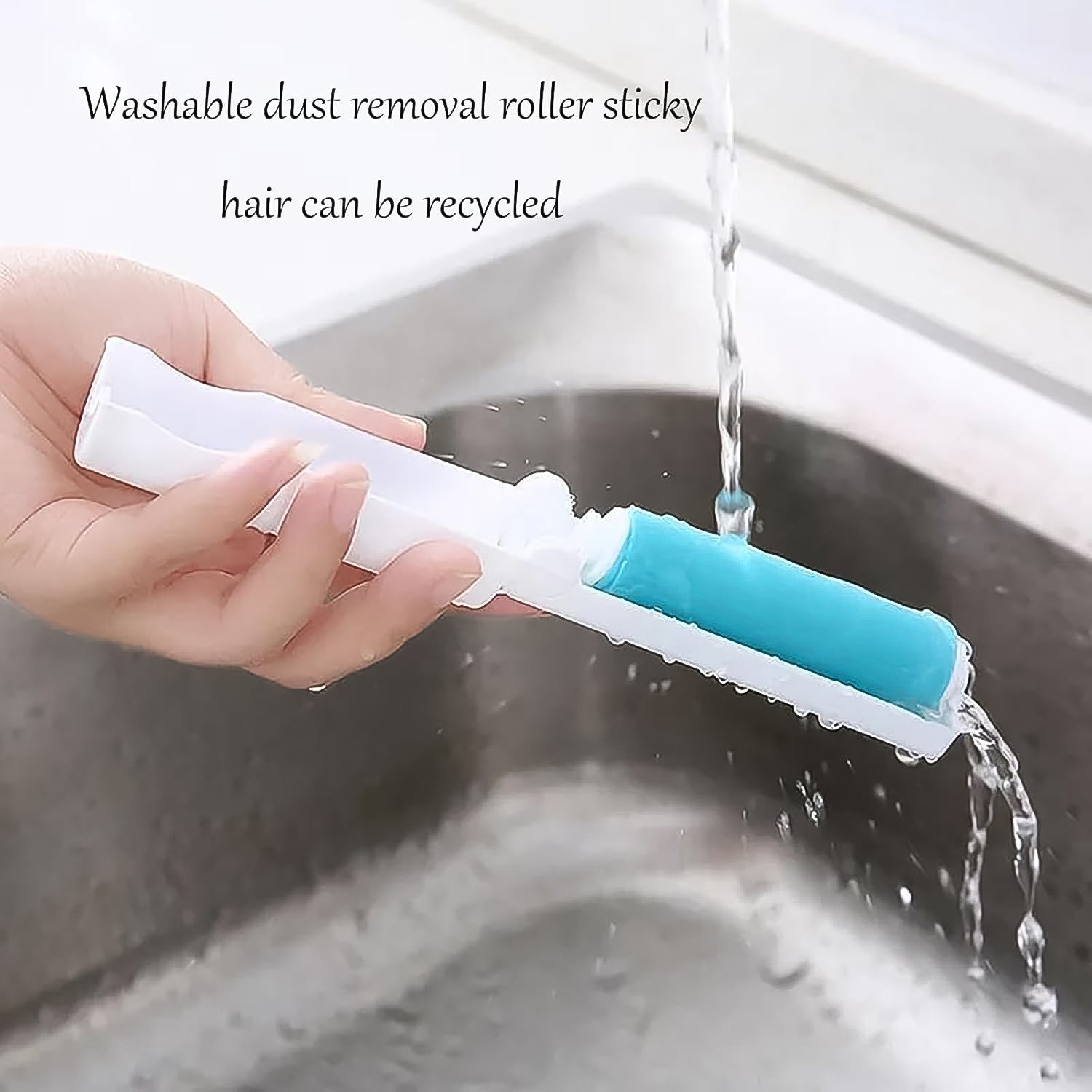 A hand demonstrates the reusable lint roller effectively cleaning fabric.