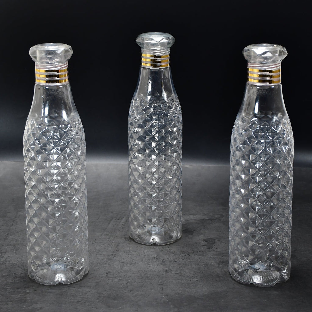 Close-up of the translucent diamond cut water bottles, highlighting their durable plastic.