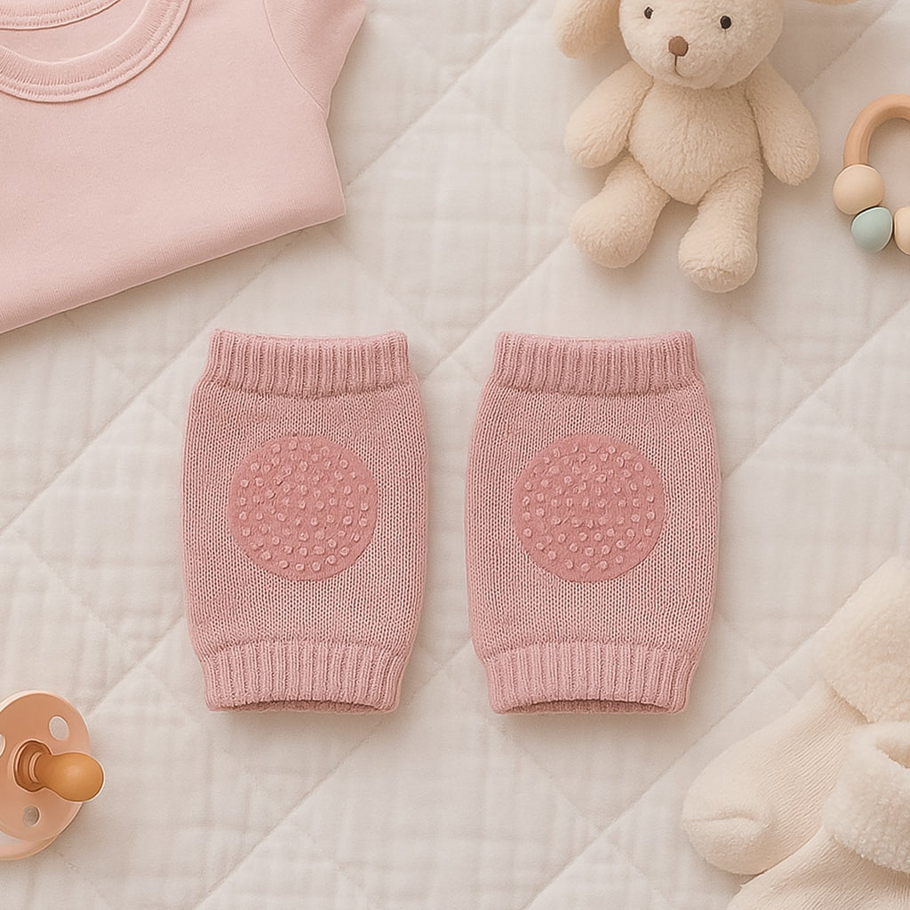Side view of toddler pink wool knit knee protectors with cushion pads