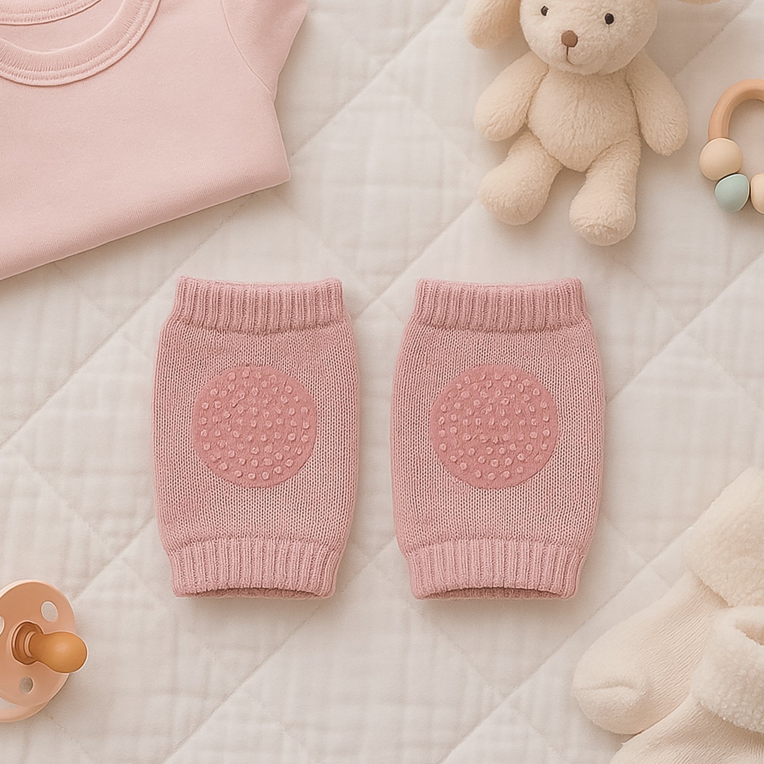 Side view of toddler pink wool knit knee protectors with cushion pads