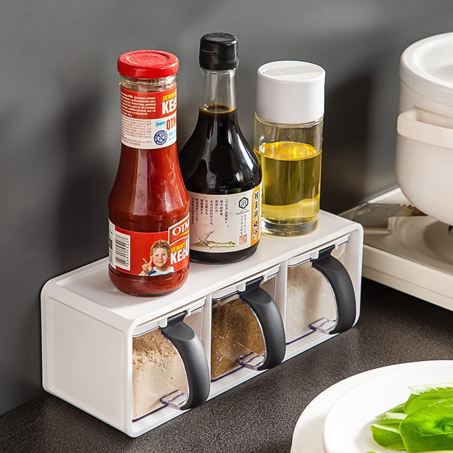 Detailed view of Grinss modular spice storage container with airtight seal