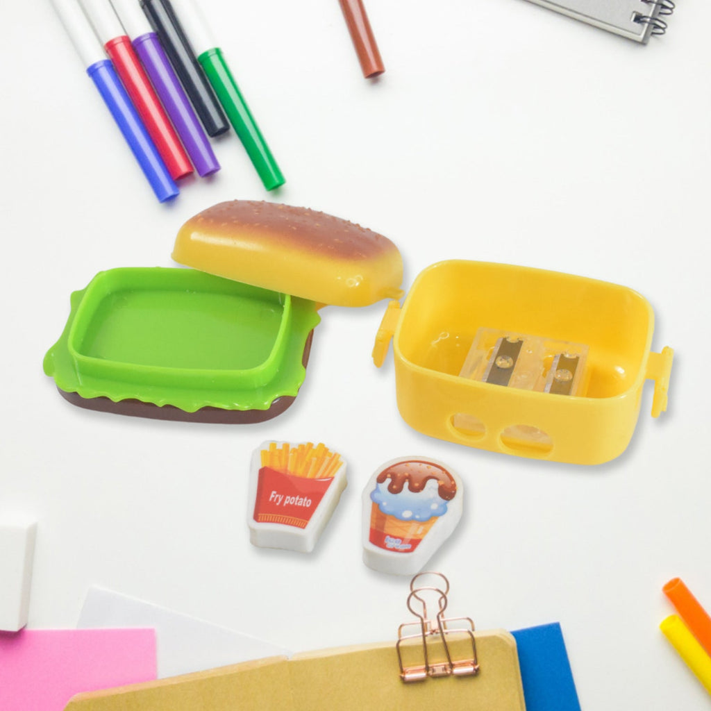 Colorful burger bite design pencil sharpener with dual holes for children