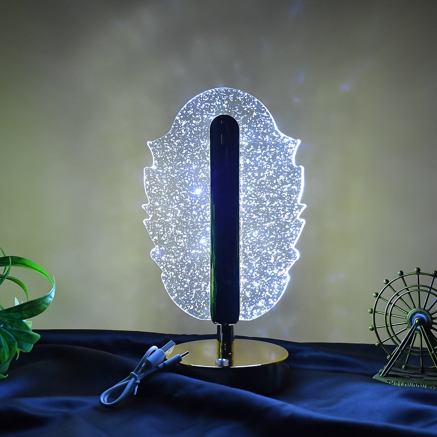 LED Feather Shape Crystal Table Lamp highlighting intricate design