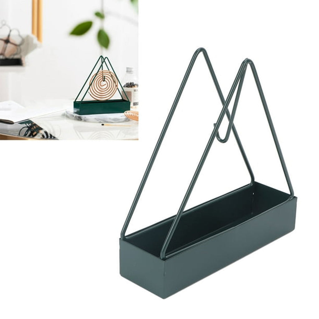 Black wrought iron mosquito coil holder showcasing its unique triangular design.