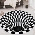3D space round carpet with checkered vortex optical illusion design