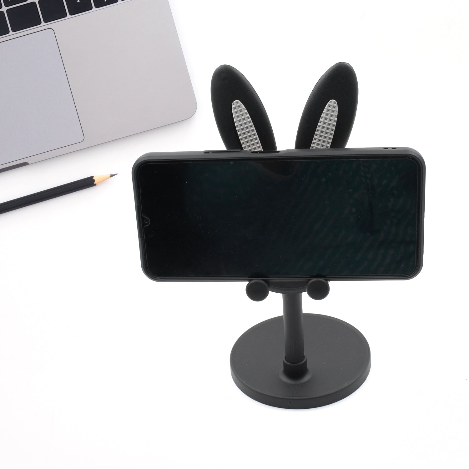 Side view of the angle-adjustable Bunny Phone Stand, suitable for phones and tablets.