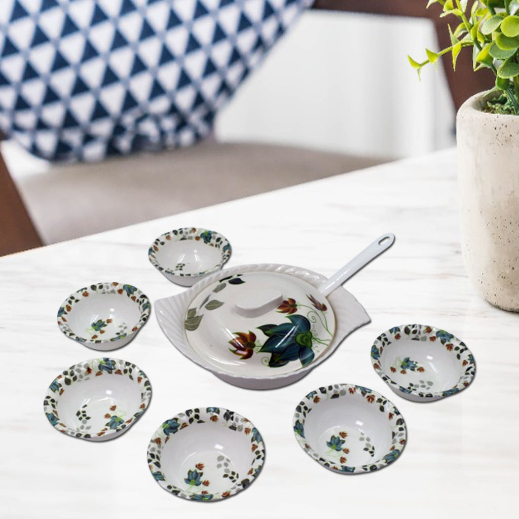 Complete 9-piece pudding serving set displayed in a home kitchen setting.