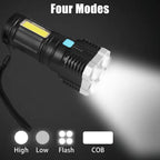 Hand holding the 4-LED emergency flashlight, highlighting its compact design and powerful 800 lumens.