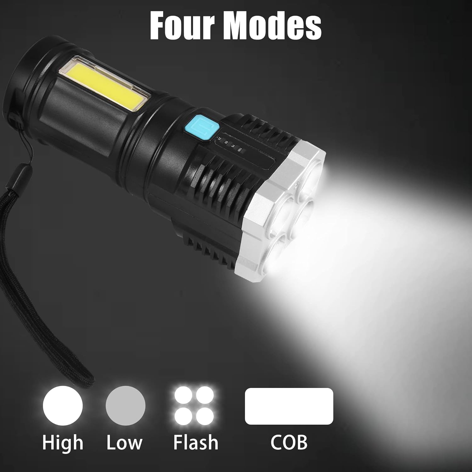 Hand holding the 4-LED emergency flashlight, highlighting its compact design and powerful 800 lumens.