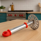 Ergonomic horizontal soft-grip handle of the Quickslice potato masher for comfort.