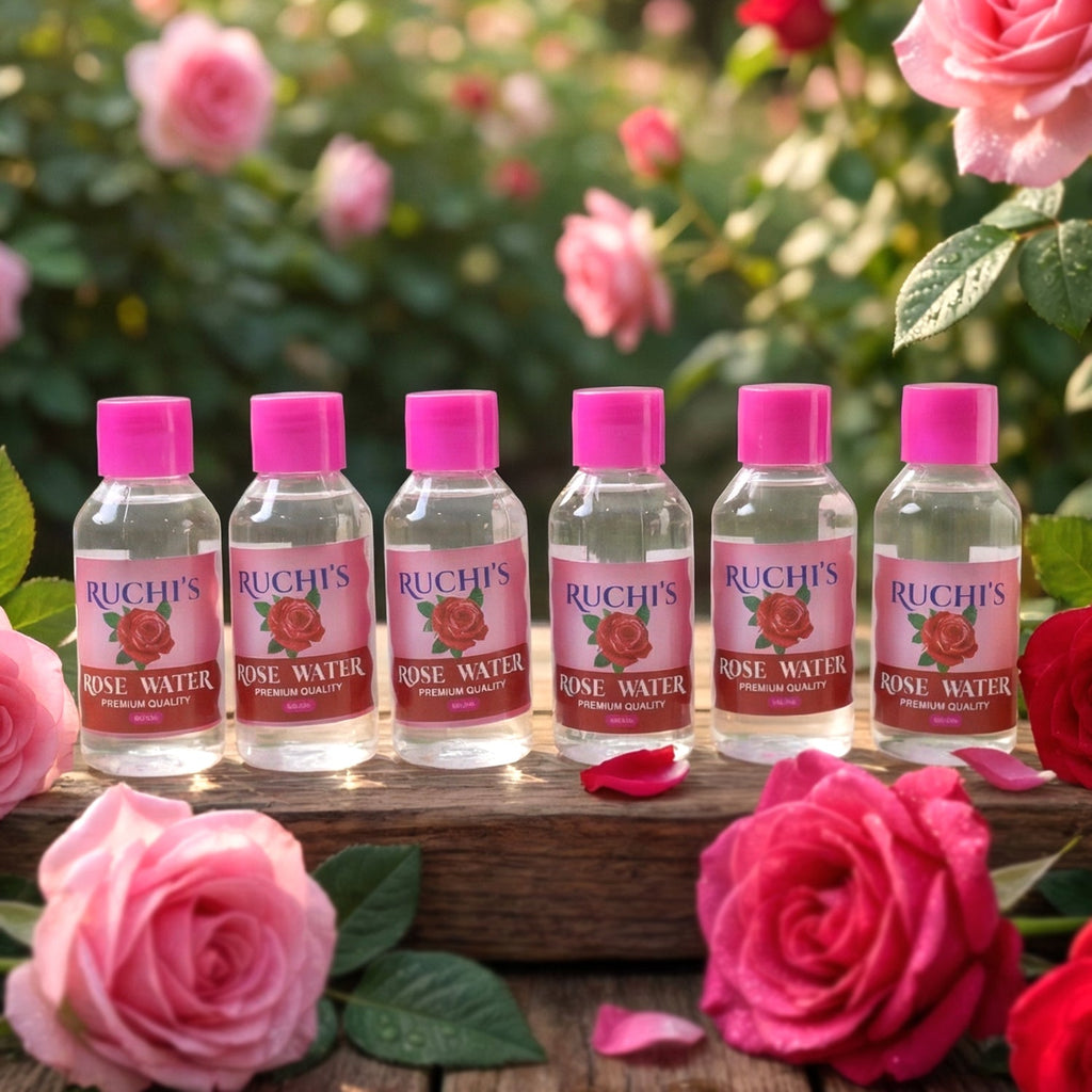 Natural rose water solution in small bottles for cleansing