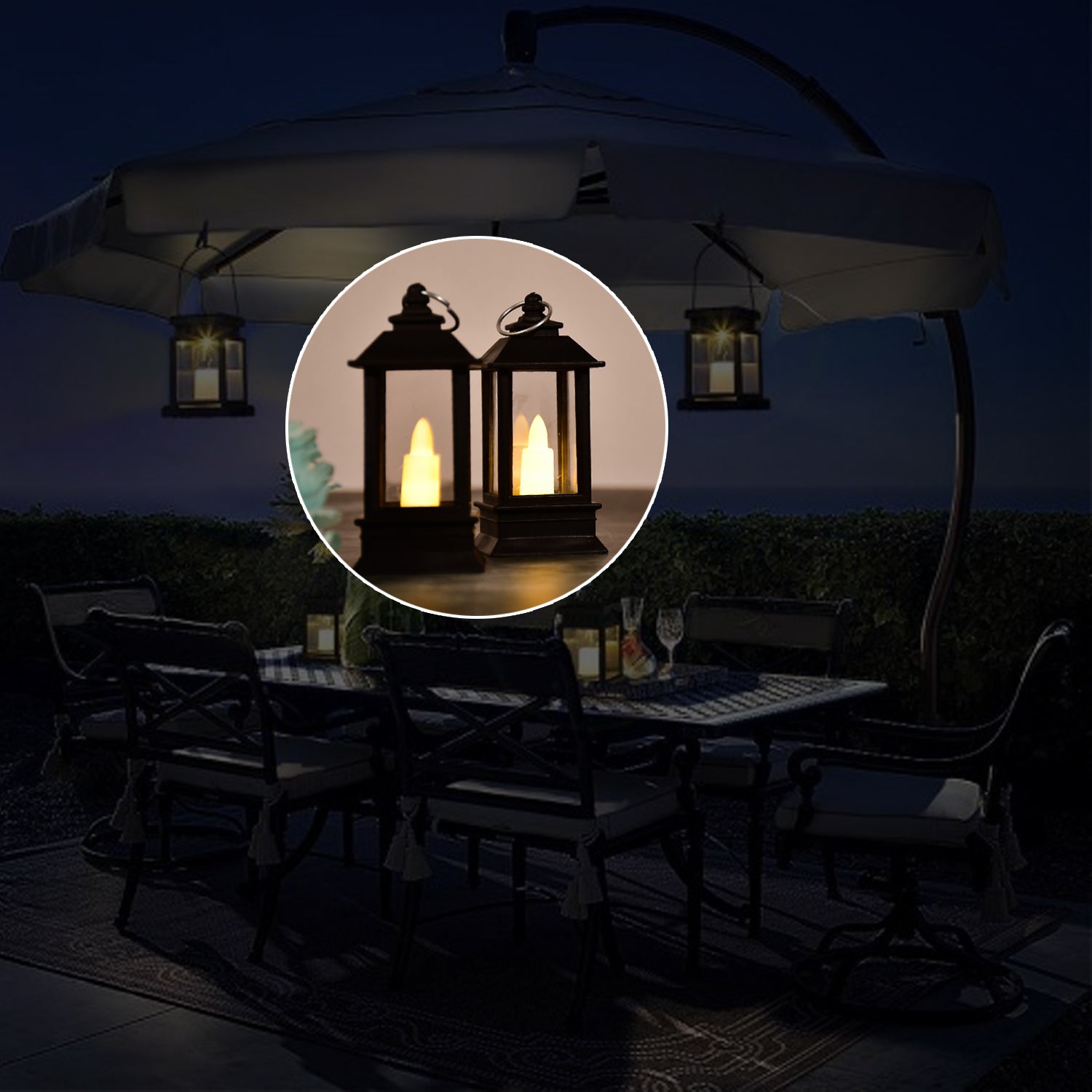 Battery-operated lantern glowing softly in a dim setting.