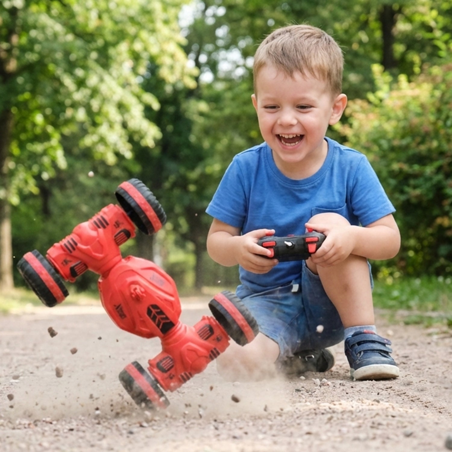 Remote control stunt toy car on smooth play surface
