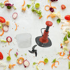 The 650ml manual food chopper disassembled, showing the stainless steel blades and container.
