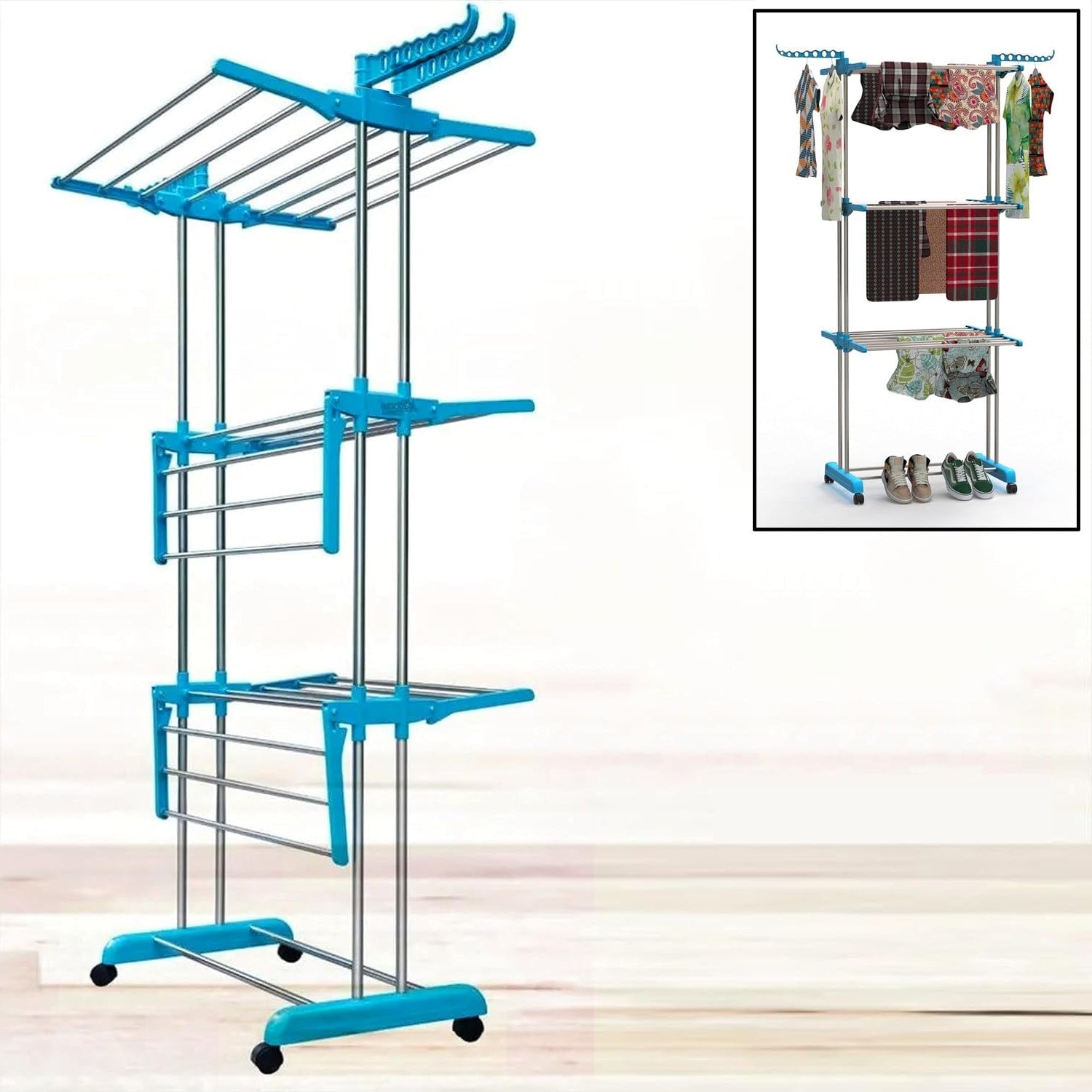 The stainless steel clothes drying stand folded compactly for easy storage.