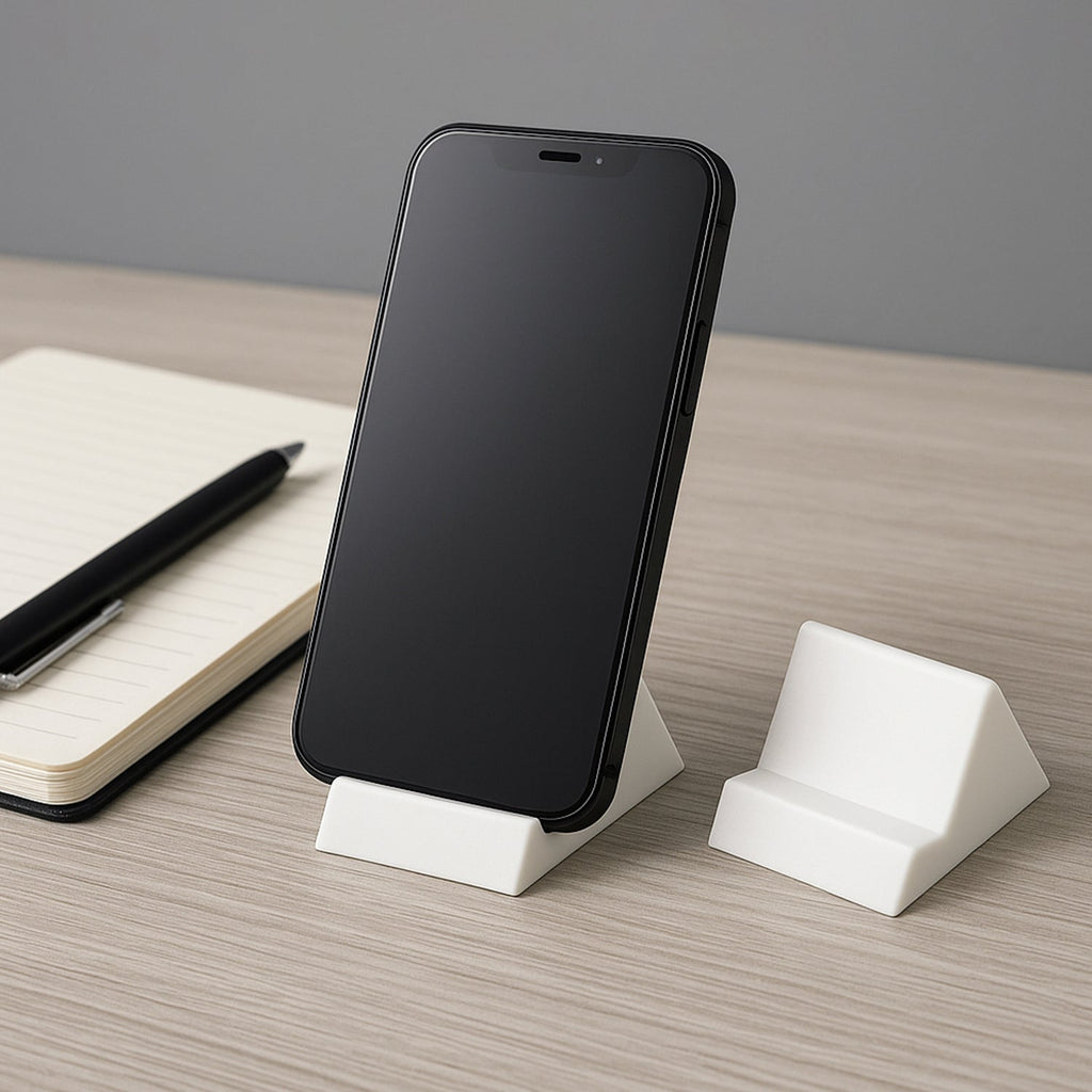 Two-piece compact mobile phone holder stands arranged on flat surface