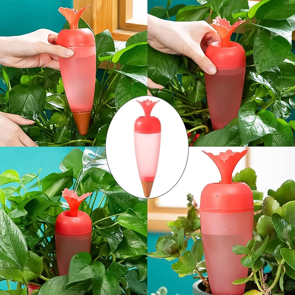 A self watering spike with a transparent body, showing the water level in a plant pot.