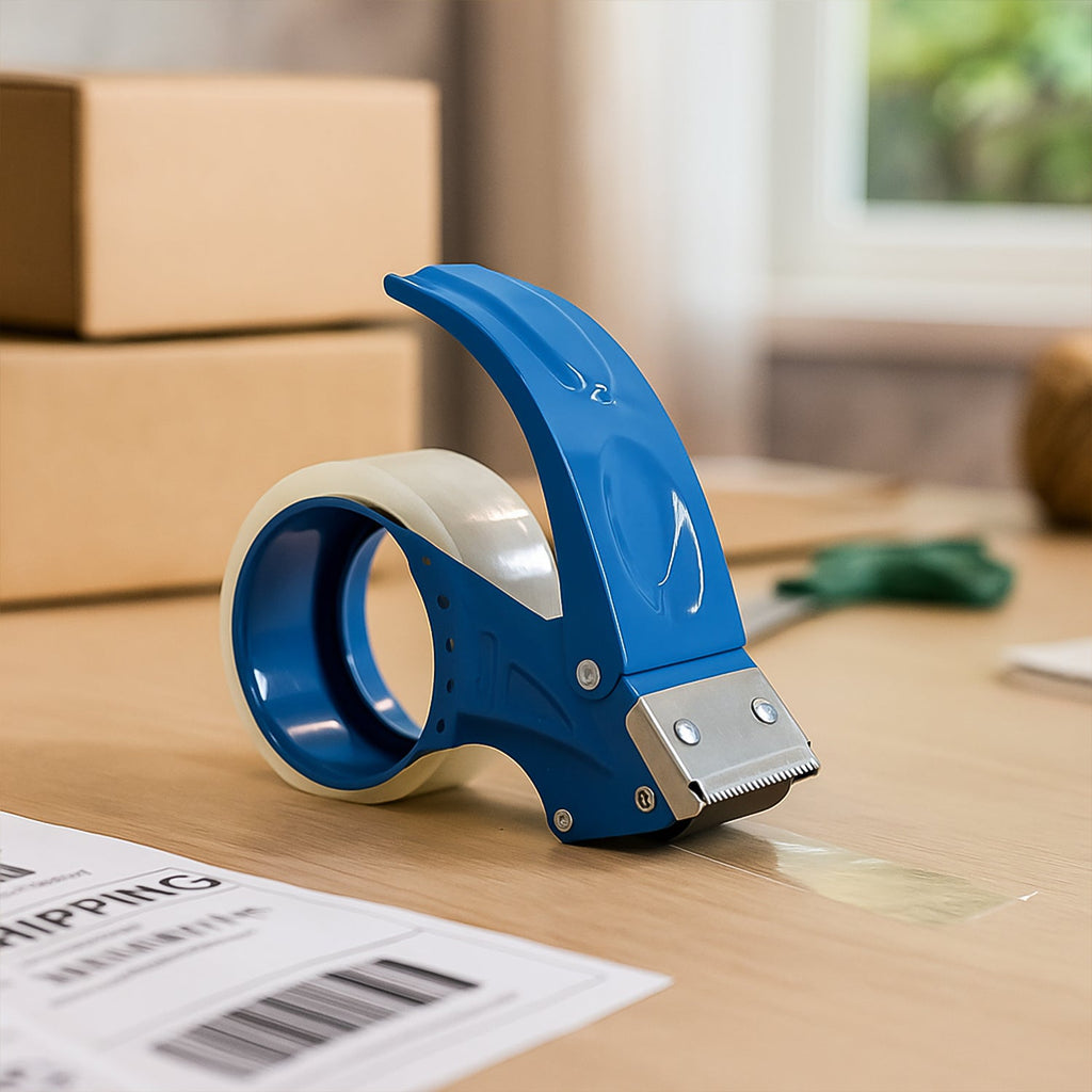 Close-up of heavy-duty tape cutter showing serrated steel blade