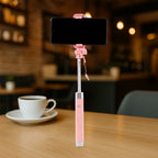 Extendable selfie stick telescopic rod with rearview mirror and ergonomic handle