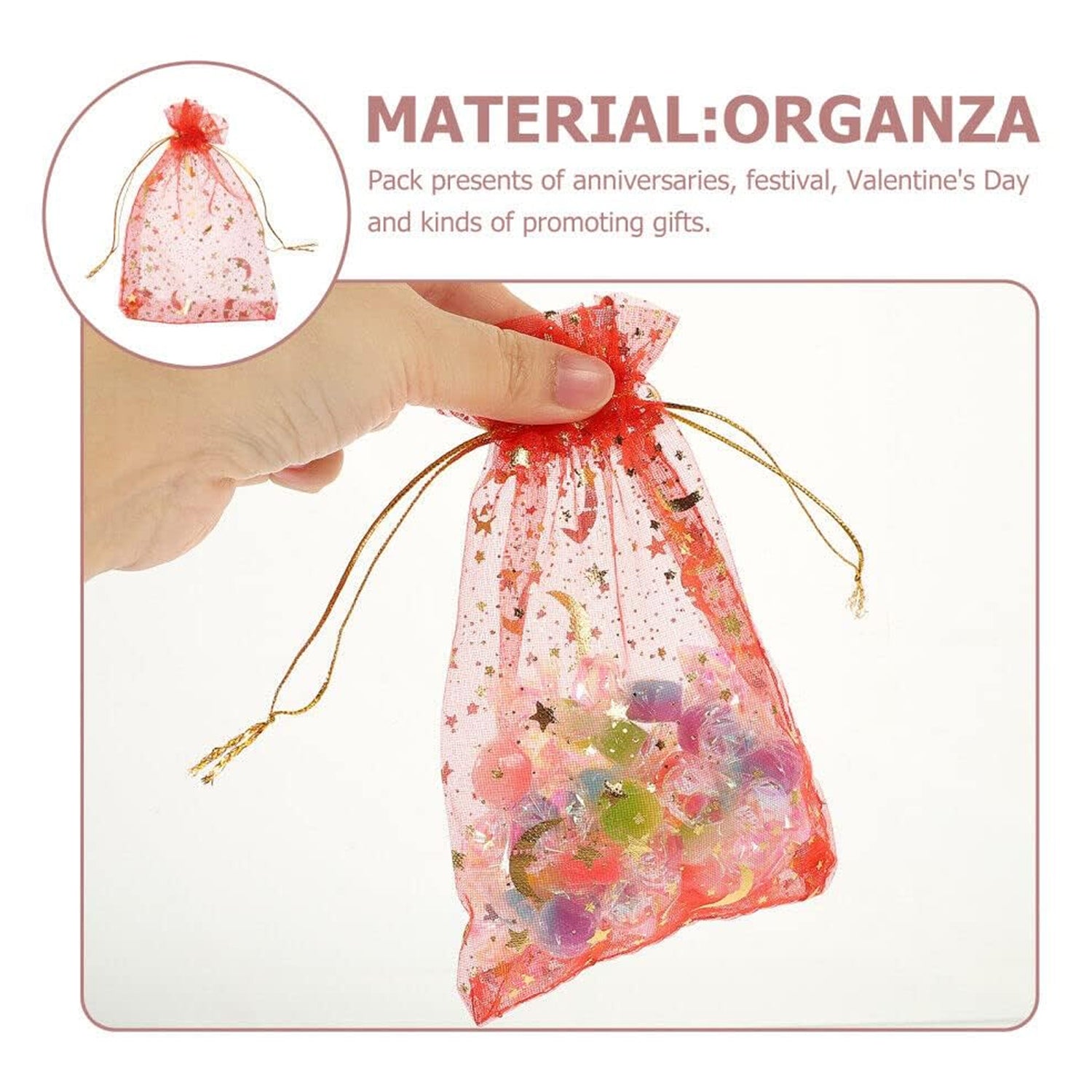 Multiple transparent Organza pouches displayed, ready for packing small gifts.