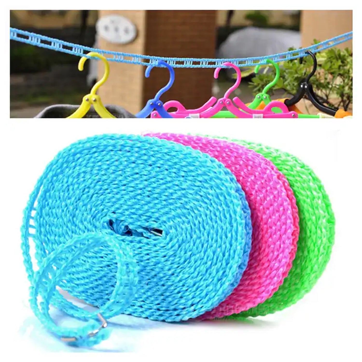 Hangers held firmly in place by the anti-slip slots on the clothesline.