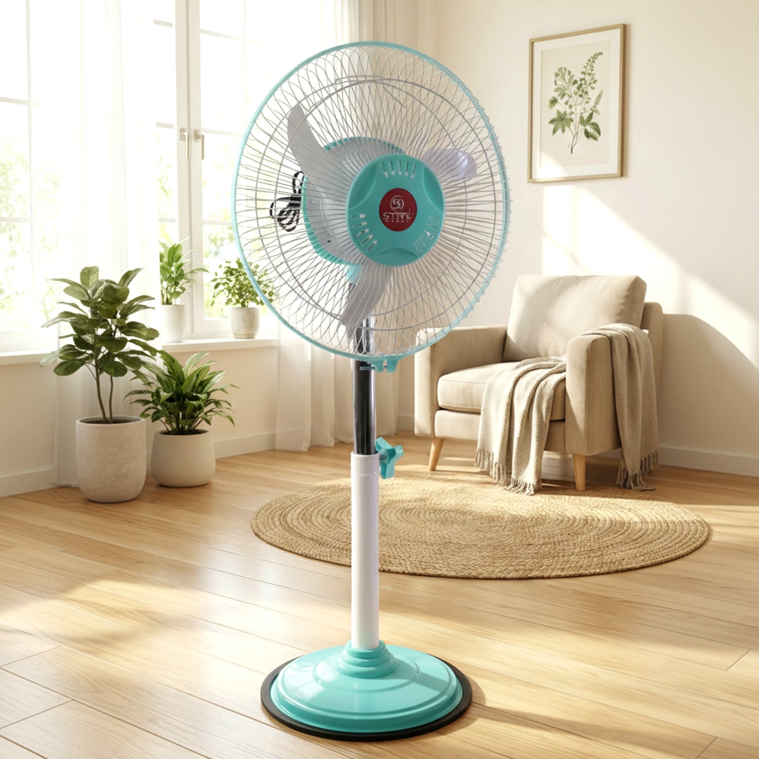  12V DC hybrid pedestal table fan with adapter - main product shot