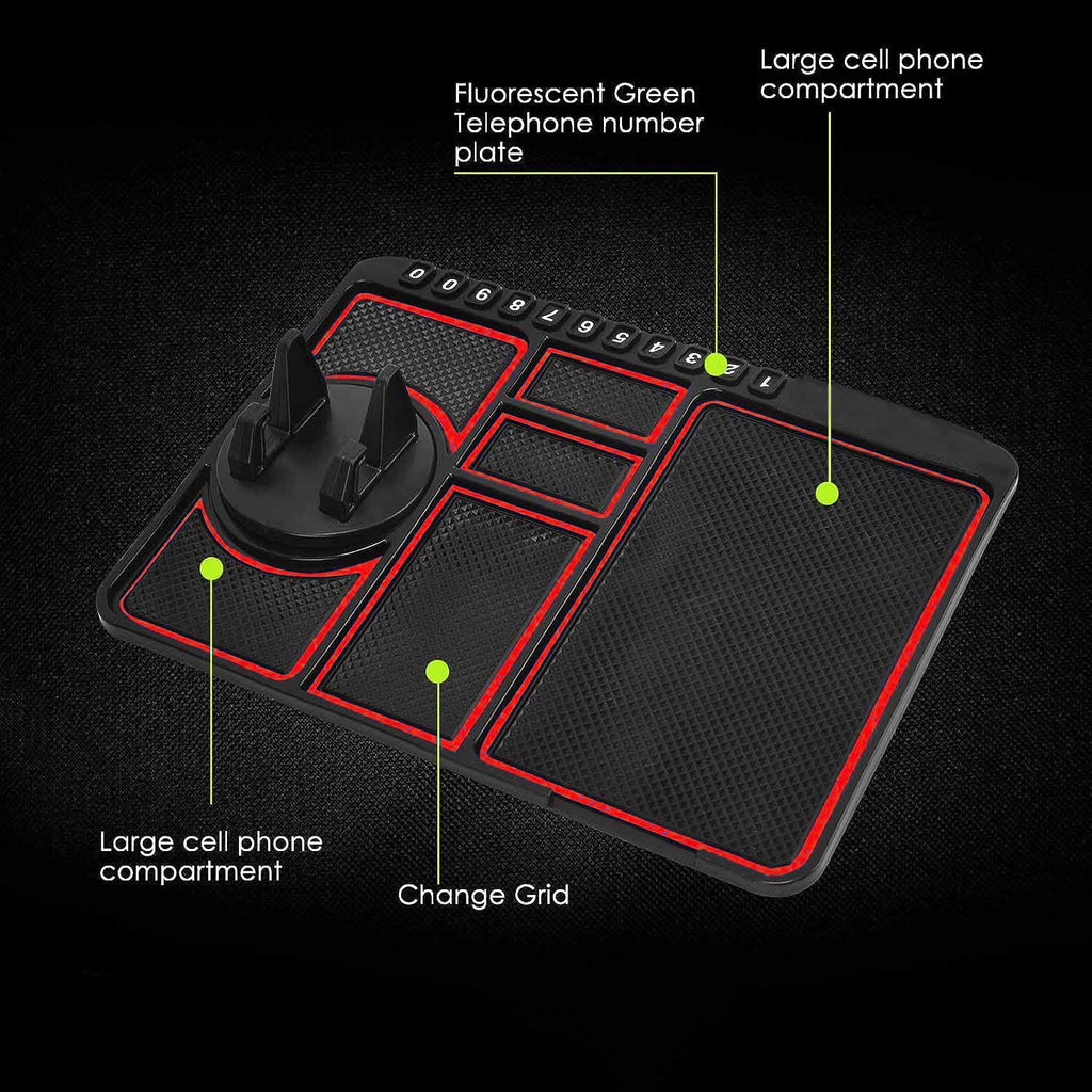Car dashboard mat holding mobile phone and keys firmly in place