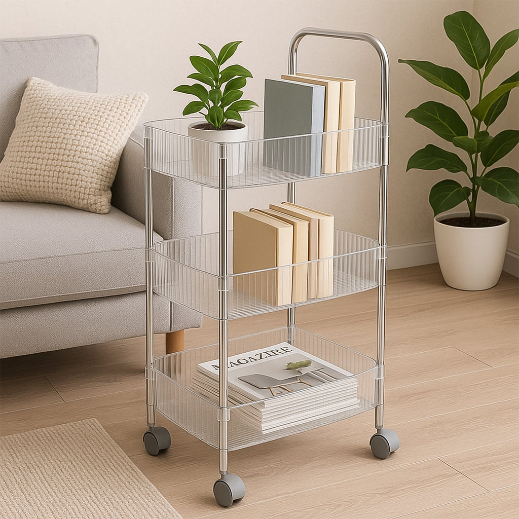 Storage trolley showing sturdy metal frame and plastic baskets