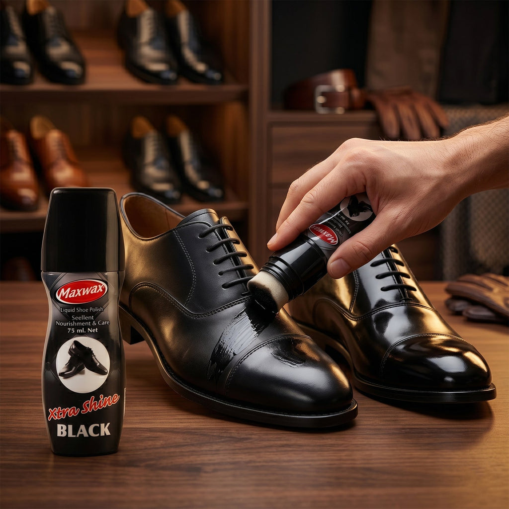 Leather shoes with shiny black polish applied by Maxwax