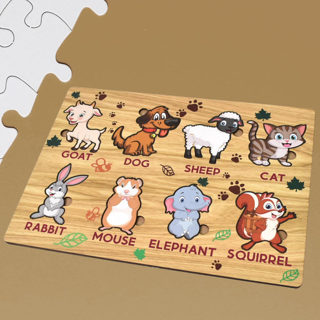 Detailed view of wooden puzzle board pieces with ergonomic knobs