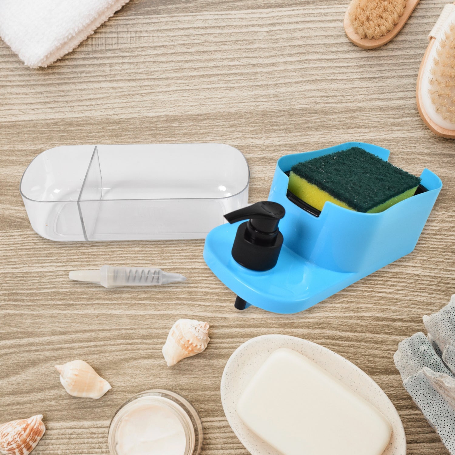 Hand pressing the pump of the versatile 3-in-1 soap dispenser for dishwashing liquid.