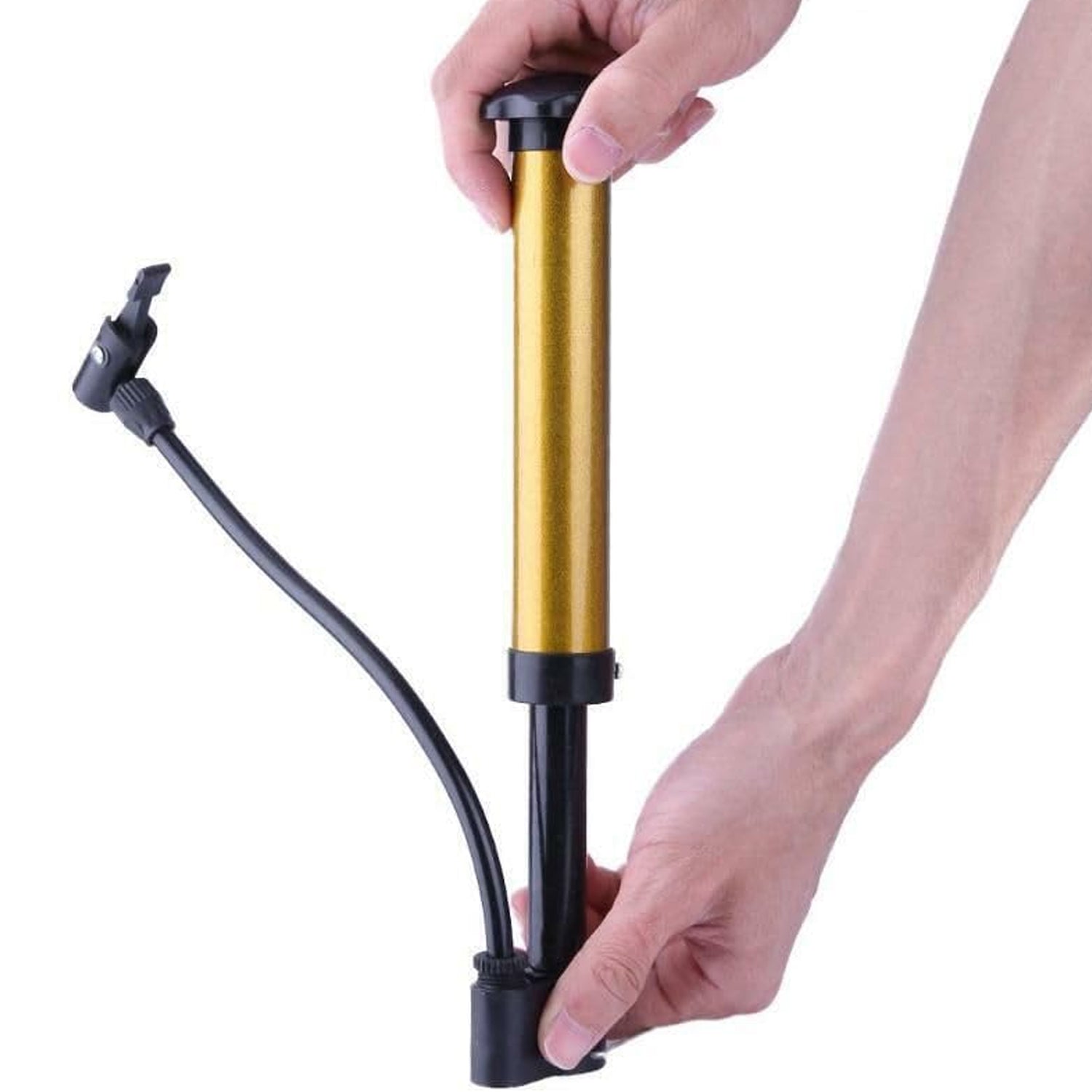 Side view of the portable hand air pump, highlighting its sleek metal design and compact size.