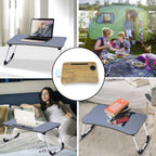 Folded laptop table, illustrating its compact size for easy storage.