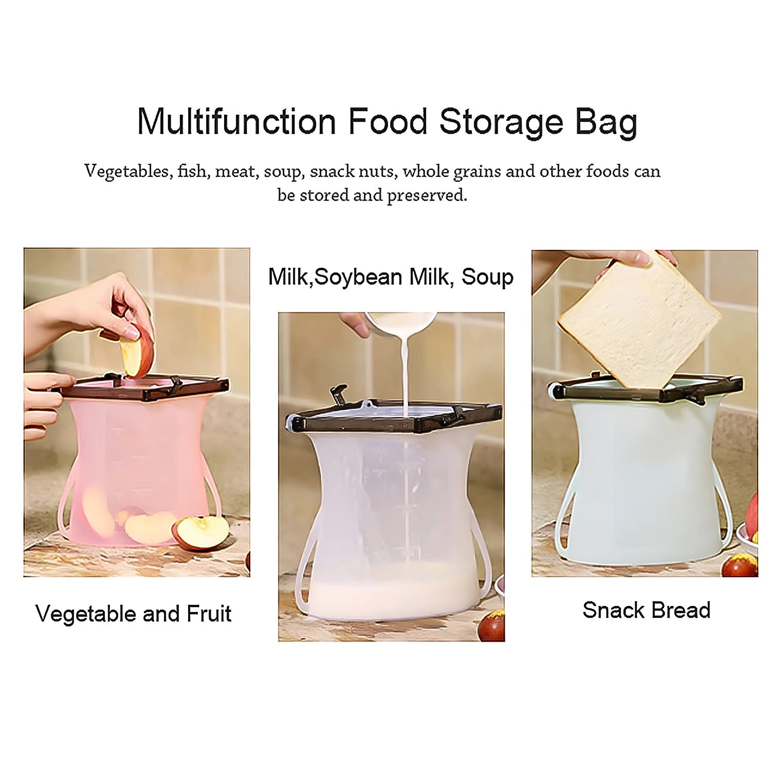 Assortment of colorful, stackable silicone food bags for organised kitchen storage.