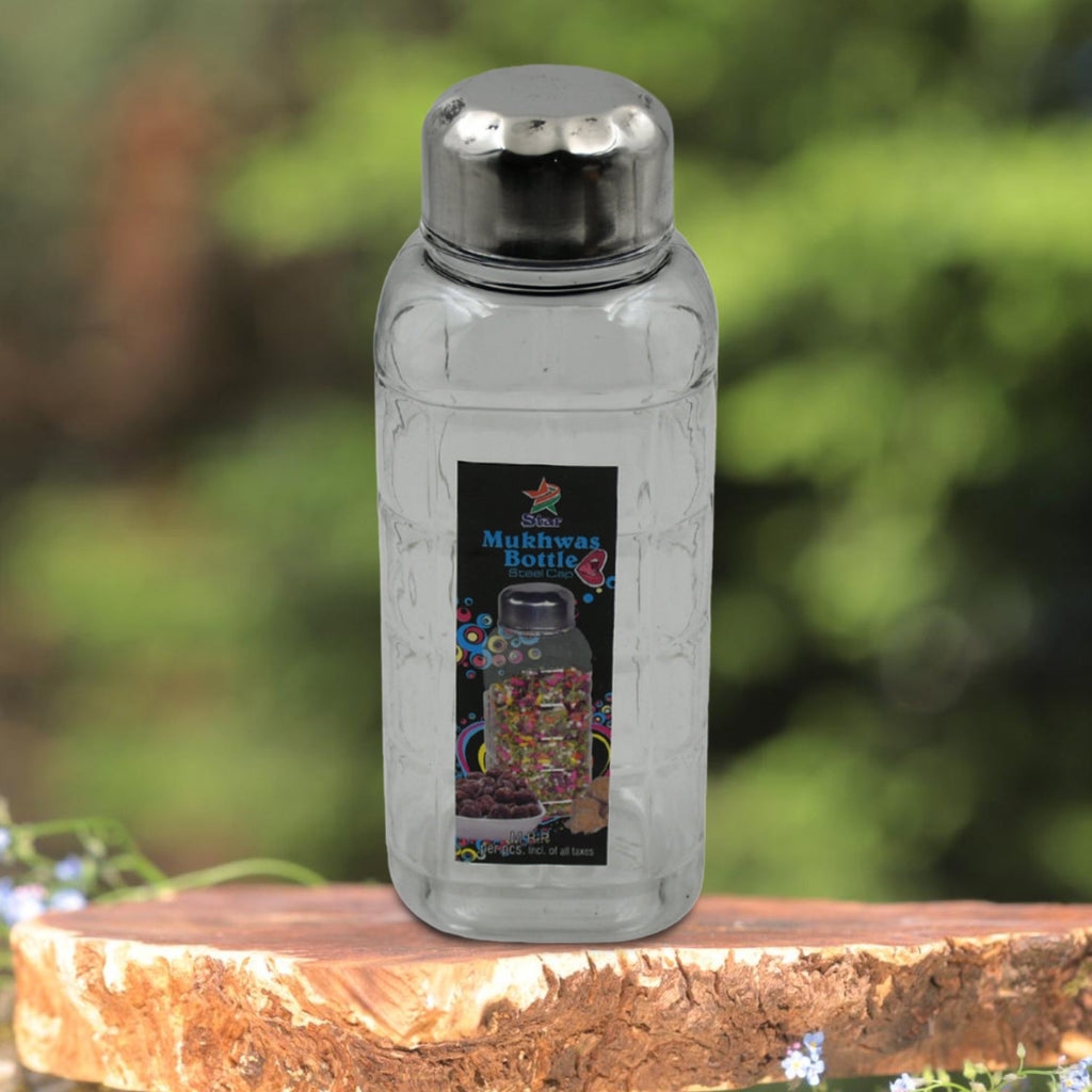 Close-up of airtight steel cap on transparent plastic bottle