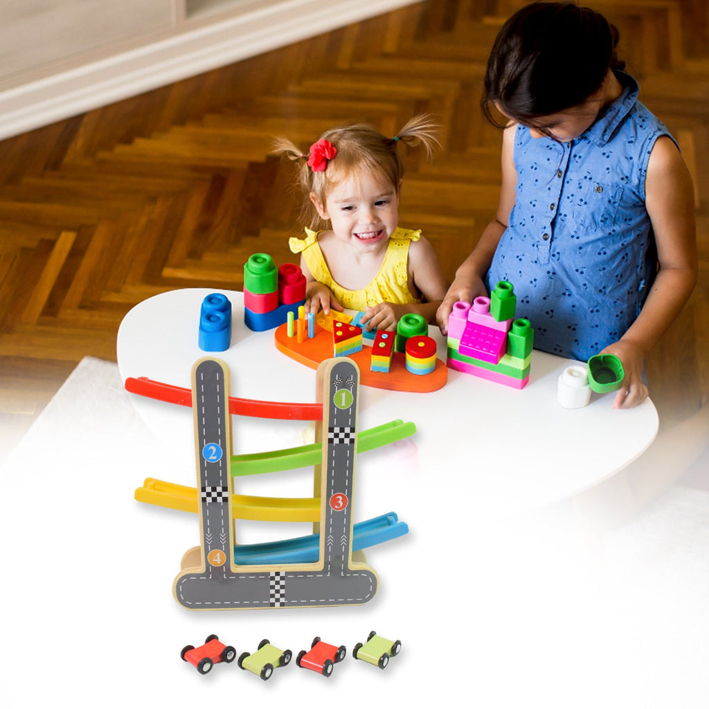 Top-down view of the wooden track showing multiple cars on different levels.