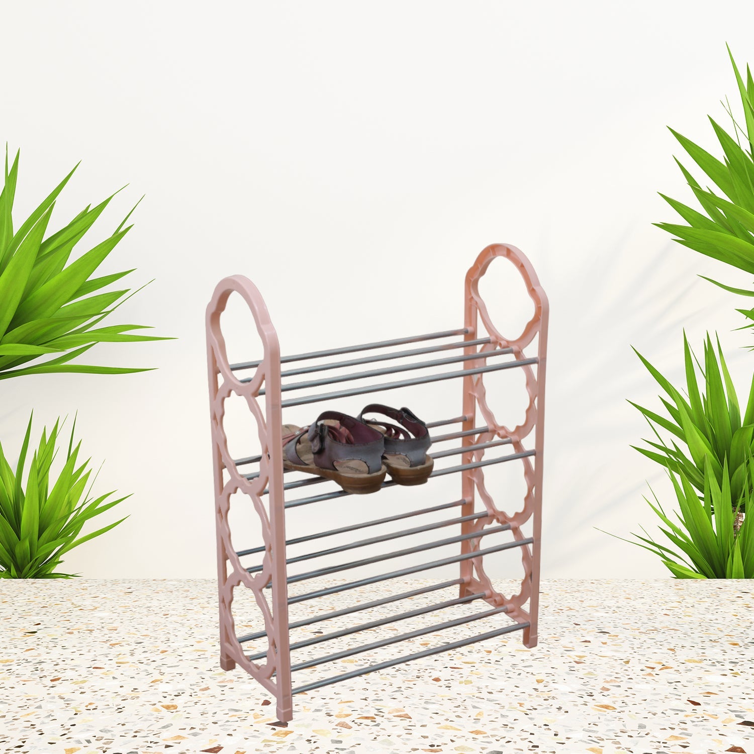4-layer folding shoe rack with space-saving design in a home entryway