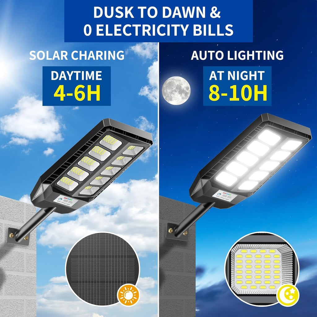 Solar LED street light displaying bright illumination at night in outdoor setting