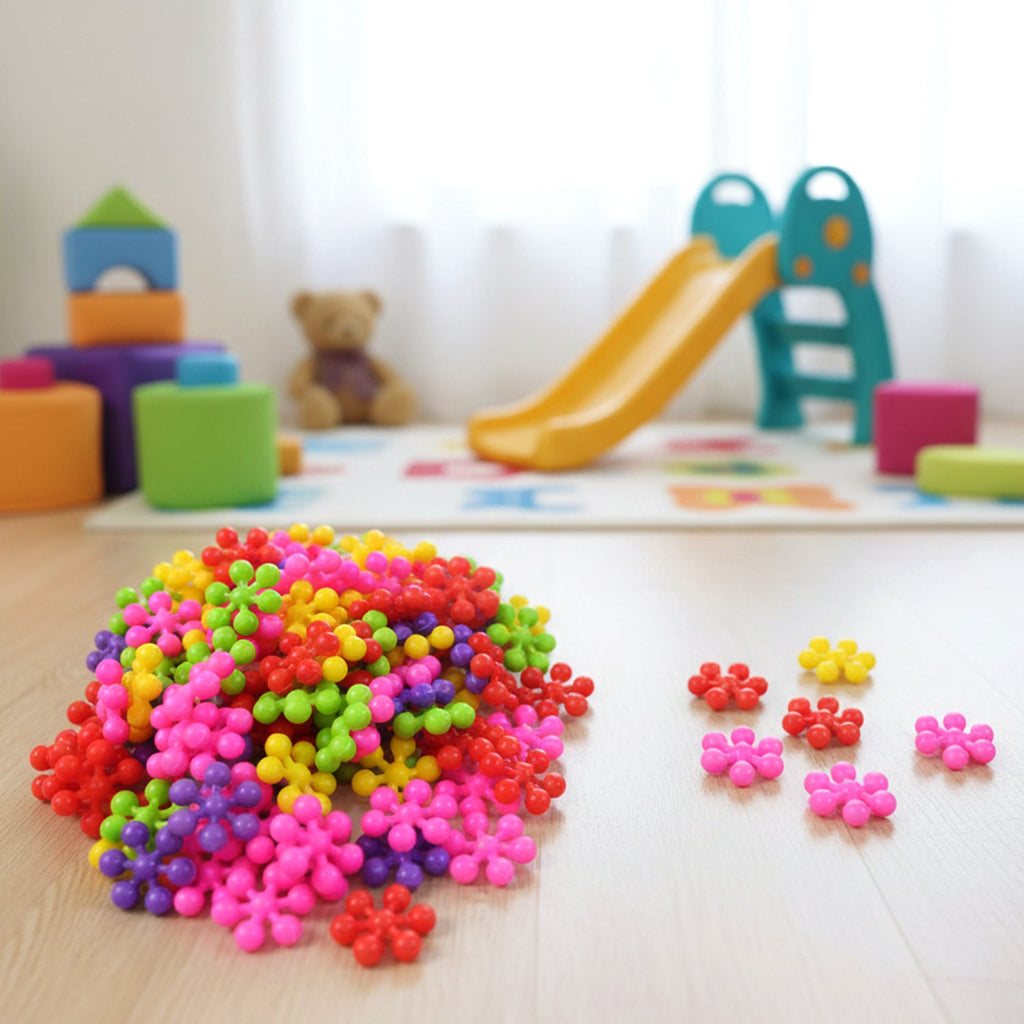 DIY colourful building blocks toy set pieces arranged for creative construction