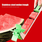 Hands demonstrating the easy and safe use of the watermelon slicer.