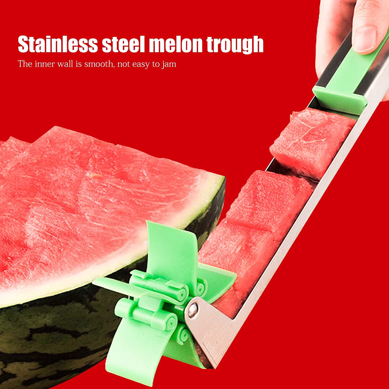 Hands demonstrating the easy and safe use of the watermelon slicer.