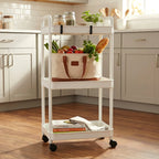 Storage organizer trolley showing three spacious open shelves