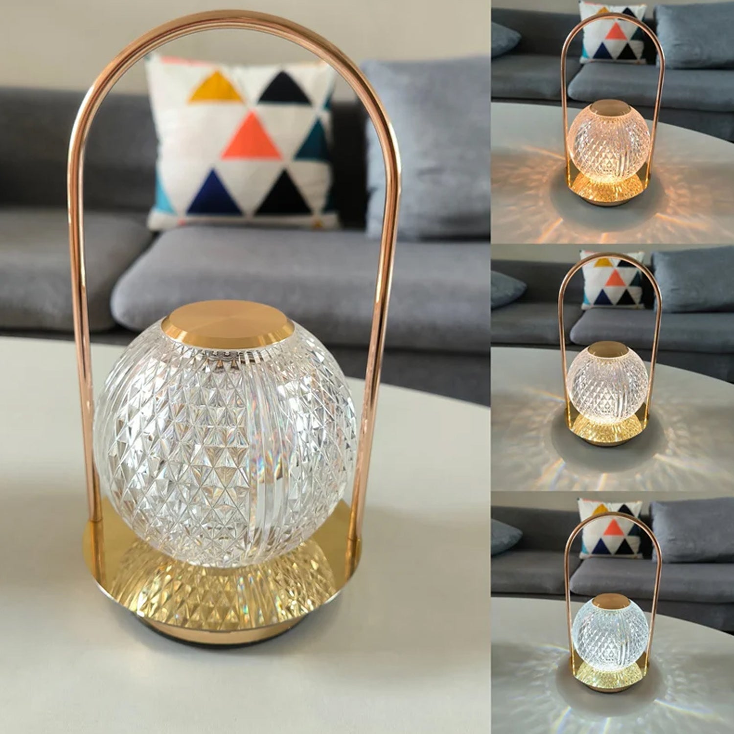 Close-up of the LED touch lamp showcasing its intricate crystal design.