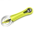 The multi-functional fruit baller and scooper tools displayed with fresh fruits.