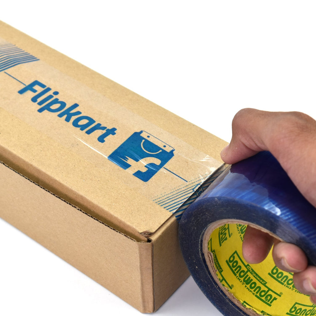 Stack of blue Flipkart packaging tape rolls for bulk use.