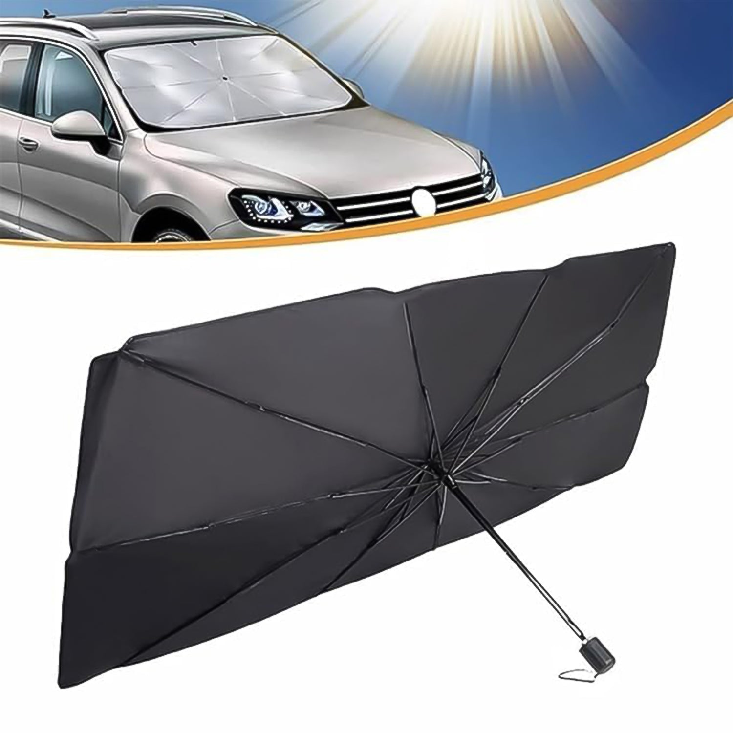 A person demonstrating the easy deployment of the foldable car sunshade in a vehicle.