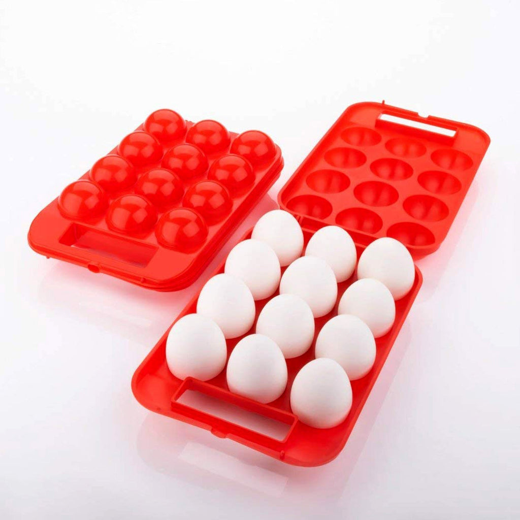Open plastic egg carrier box showing 12 eggs securely nested inside.