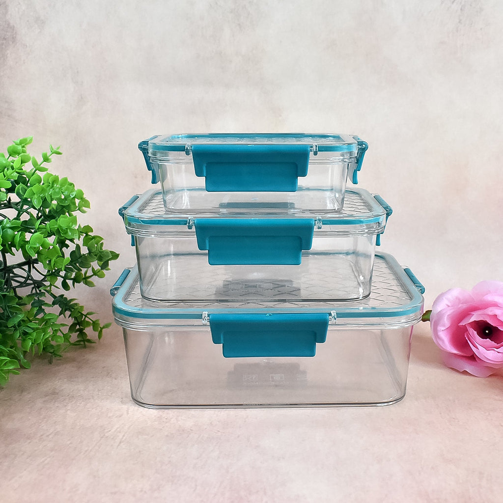 Stacked airtight plastic containers designed for space-saving storage