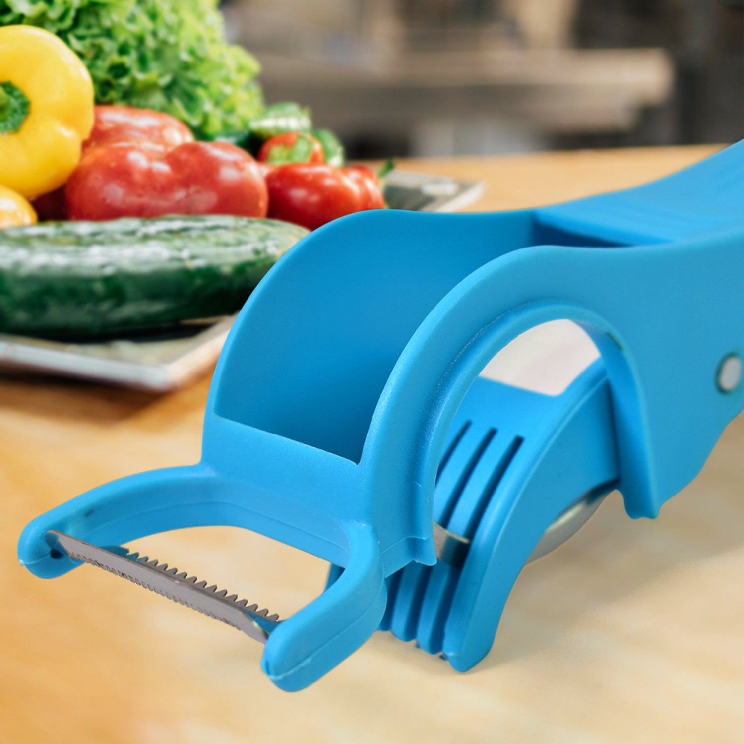 Close-up view of the ChefAura multi cutter, highlighting its five sharp stainless steel blades.